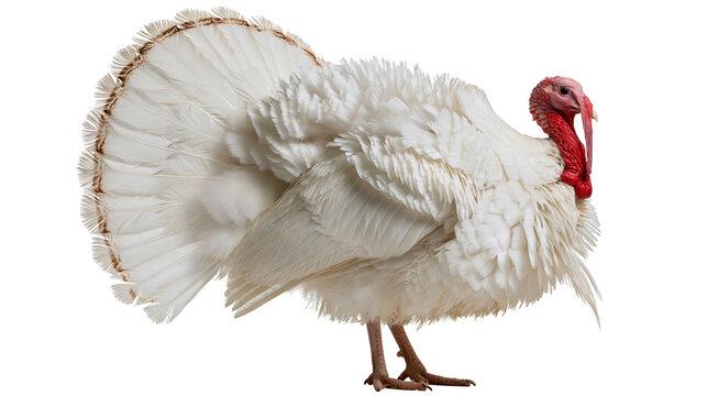 White turkey with fanned tail feathers and red wattle standing in profile
