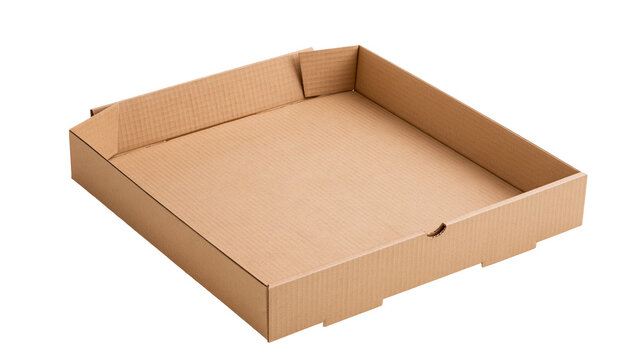 Empty square brown corrugated cardboard pizza box with open lid