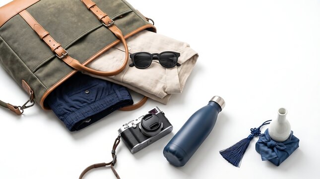 Flat lay of a stylish travel bag with camera and accessories.