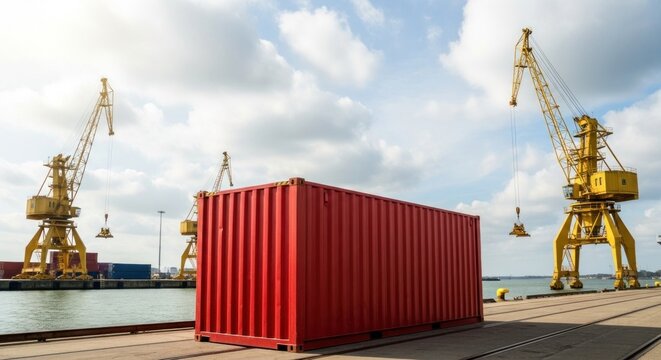 A red shipping container on a dock with cranes in the background.