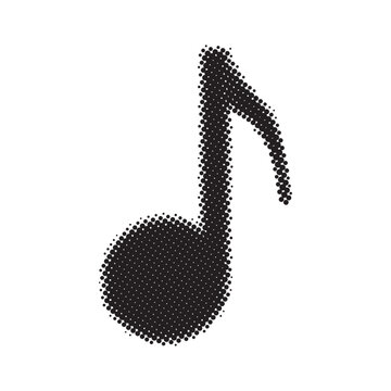 Halftone dots musical note icon. Black musical note symbol on white background. Pop art style grainy halftone texture.