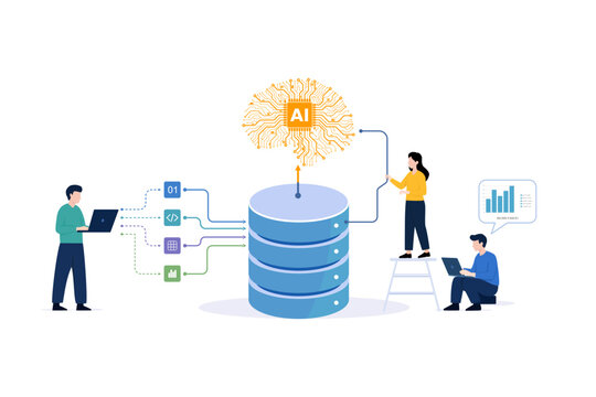 Artificial intelligence connected to database, code and analytics with people using laptops, representing AI data processing and digital workflow. Vector illustration.