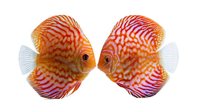 Two vibrant orange and white patterned discus fish facing each other