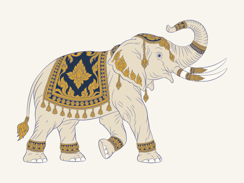 Ornate Asian elephant with raised trunk, decorative textile and intricate floral ornament in elegant gold and blue line art. Vector illustration.
