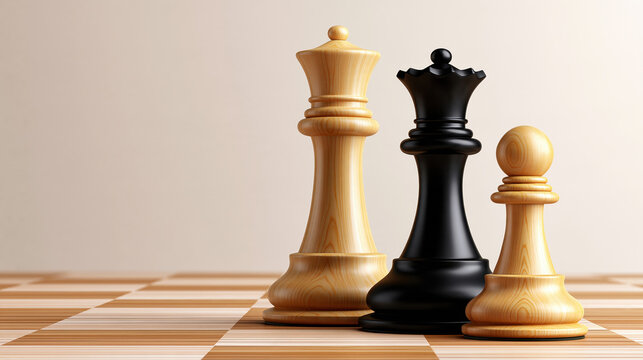 Chess piece on board with wood texture, minimalist studio composition and soft light