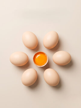Raw chicken eggs arranged in a circle with a cracked egg in center