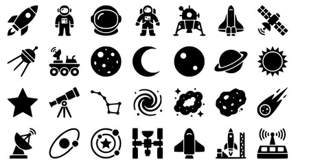 Black Space Exploration Rocket Astronaut Satellite and Astronomy Icons © Isratjahen