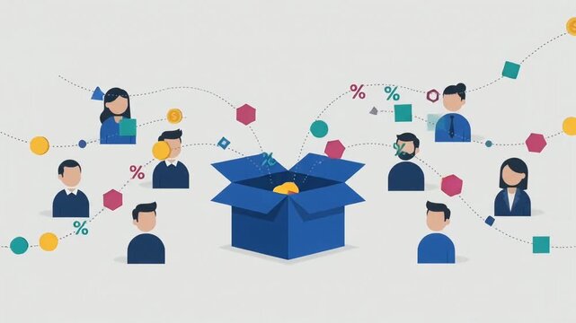 Flat Design Animation of Business Team Sharing Profits and Benefits From a Reward Box.