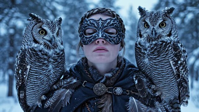 Woman in mask holds two owls in snowy forest. Mysterious woman with owl on each shoulder. Winter forest owl portrait with mask. Fantasy woman stands with owl in snow. Owl and woman in winter woods.