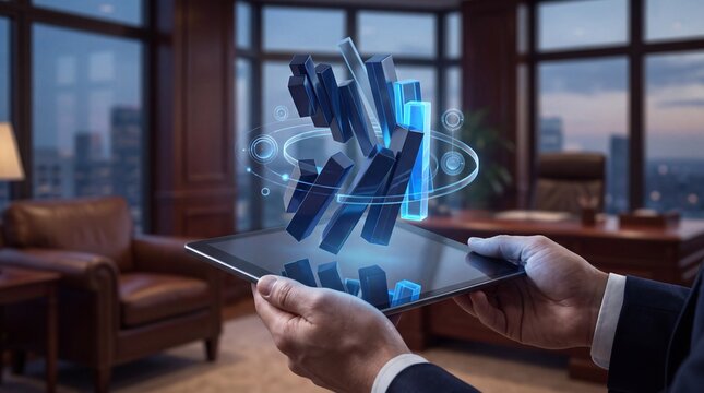 Businessman holding tablet with 3d holographic data visualization in modern office