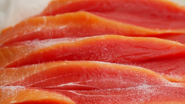 Hand sprinkles fine salt over raw orange fish fillets arranged in overlapping rows, with grains falling across moist flesh in a tight close-up under soft, bright lighting