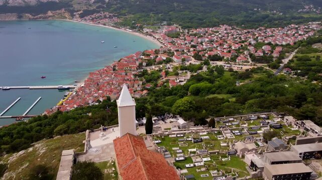 Aerial Approach to Church of St. John Above Ba&scaron;ka with Adriatic Sea and Coastal Town, Krk Island, Croatia