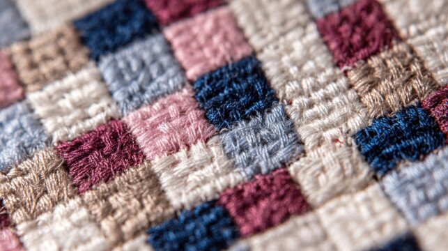 luxury textile background featuring an intricate hand embroidered checkerboard pattern, raised cotton threads, alternating cream, dusty pink, sage