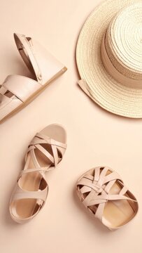 A pair of stylish beige strappy sandals and a woven straw hat are artfully arranged on a plain, light-colored background.