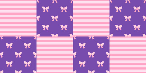 Fototapeta premium Striped seamless diamond and gingham check baby with pattern heart bow. Princess argyle print and plaid illustration holiday with vector love stripe. Coquette cute ribbon and bg lace geometry.