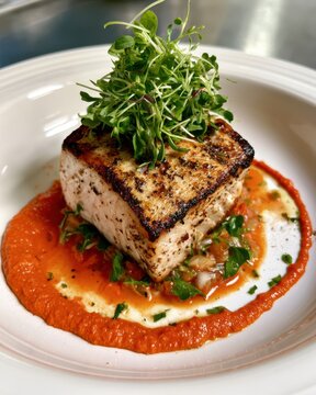 Beautifully plated swordfish steak with a micro herb salad and a swipe of roasted red pepper coulis, fine dining