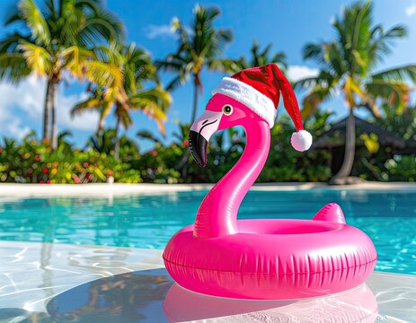 A bright pink flamingo pool float wearing a Santa hat sits by the edge of a sparkling blue swimming pool.