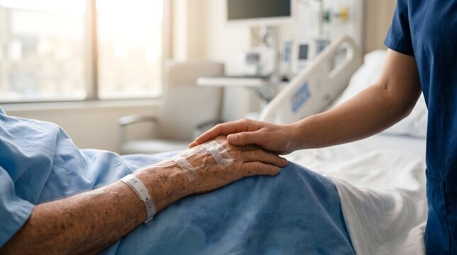 Nurse holding hands with an elderly patient in a medical ward for compassionate care, palliative support, and geriatric health services concept.