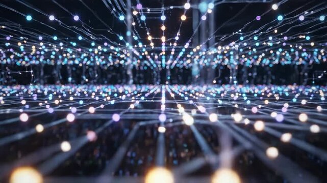 Abstract network of glowing nodes expands and contracts within a dark digital space expansion contraction geometric luminescent connectivity