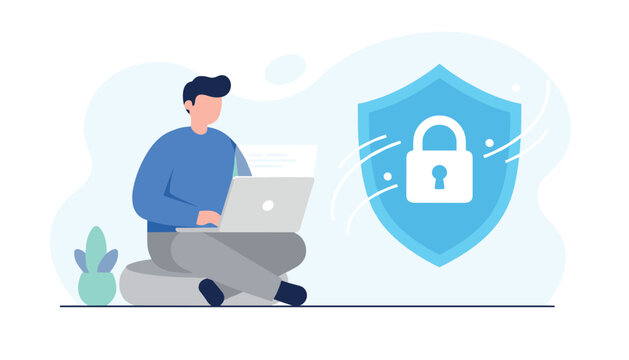 Vector illustration of a man sitting with a laptop next to a secure blue shield with a white padlock icon.