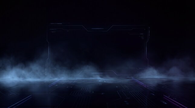 Futuristic digital interface frame glowing on a dark circuit board surface with swirling blue fog with rolls across surface frame floats