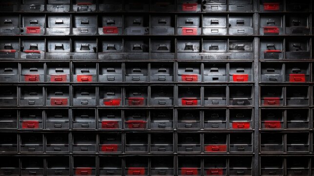 professional workshop wall covered with identical empty modular metal tool drawers, repeating black and red compartments arranged in a precise grid