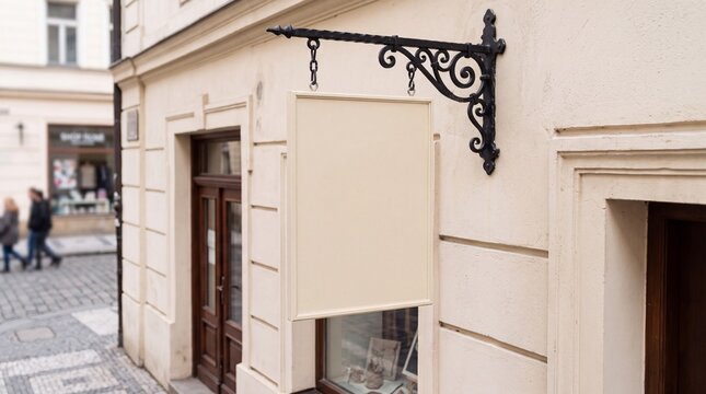 Blank rectangular hanging sign mounted on a vintage ornate iron bracket on a city building.