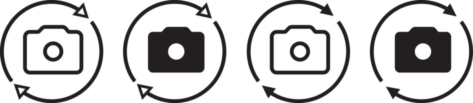 Camera Rotate Switch Arrow Icon Set, Photo Flip Refresh Camera Symbols, Black Line Solid UI UX Graphic Elements