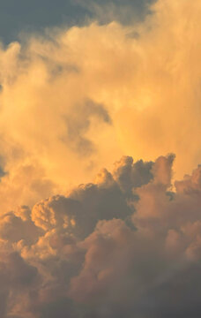 Fluffy sunset clouds illuminated by golden sunlight in sky
