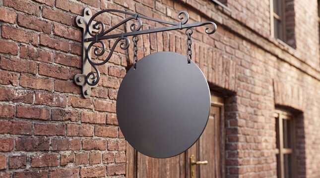 A blank circular metal sign hanging on an old brick wall.
