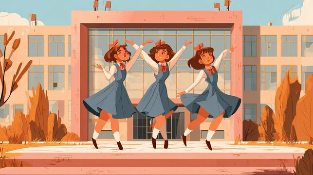 Cheerful Schoolgirls Dancing Together in Front of a Modern School Building, Happy Students Celebrating Education and Friendship in a Bright Outdoor Campus Setting
