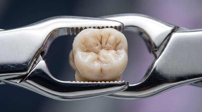 Human molar tooth being held tightly by steel extraction forceps during a surgical procedure for professional dental care and oral surgery health concept