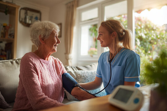 Home care nurse taking vital signs of elderly woman sitting comfortably