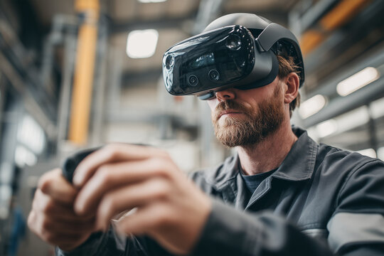 Industrial engineer using augmented reality headset with controller in factory