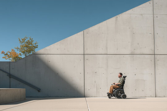 Wheelchair user encountering steep urban staircase accessibility barrier on street
