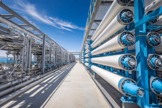 Industrial seawater desalination plant facility pumping clean drinking water supply