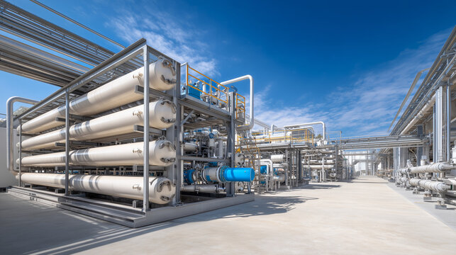 Industrial seawater desalination plant facility pumping clean drinking water supply