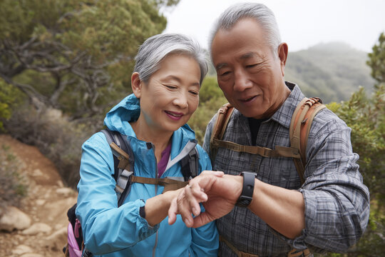 Happy senior Asian couple checking smartwatch route together during outdoor hike