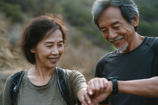 Happy senior Asian couple checking smartwatch route together during outdoor hike
