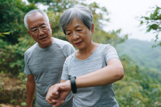 Happy senior Asian couple checking smartwatch route together during outdoor hike