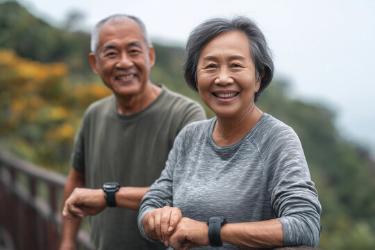 Happy senior Asian couple checking smartwatch route together during outdoor hike