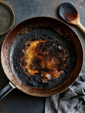 Top view of a burnt cooking pan before cleaning, stubborn kitchen mess and household cleaning concept