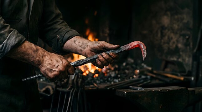 Blacksmith holding hot forged iron metal rod in workshop forge