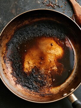 Top view of a burnt cooking pan before cleaning, stubborn kitchen mess and household cleaning concept