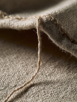 Macro close-up of a loose thread hanging from a clothing hem, garment defect and clothing quality issue