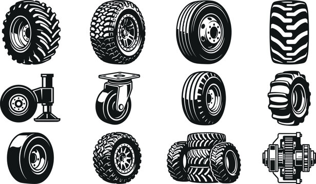 Heavy truck tires and industrial utility caster wheel hardware vector icons set with differential gear axle and trailer jack stand black silhouettes