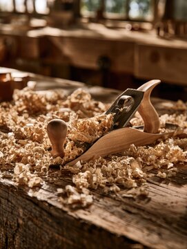 Wood shavings scattered around a hand plane on a wooden workbench, woodworking craft and hand tool concept