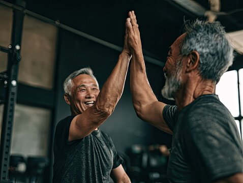 Two Asian friends in their 60s giving each other a high five after completing a challenging functional fitness workout, genuine happiness, healthy mature bodies, minimalist sports hall, active ageing