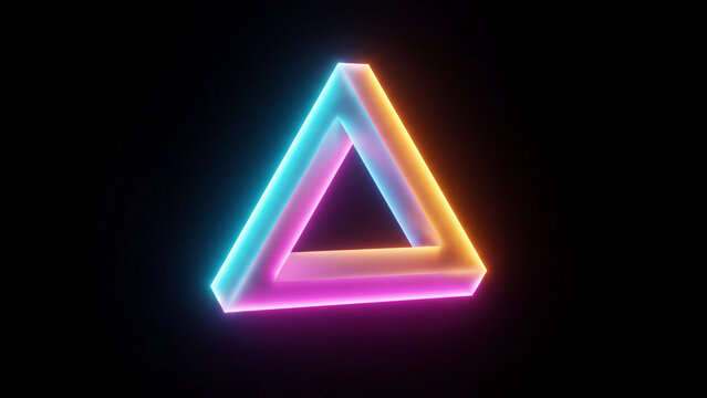 Penrose triangle glows with vibrant neon gradient colors against a solid black background.