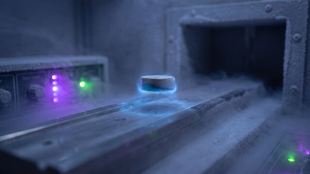 Superconducting magnetic disk levitates above a cooled track inside a laboratory chamber.